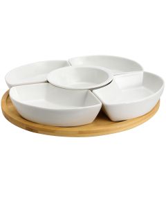 Elama Signature 12 1/4 Inch 6-Piece Lazy Susan Appetizer and Condiment Server Set with 5 Serving Dishes and a Bamboo Lazy Suzan Serving Tray